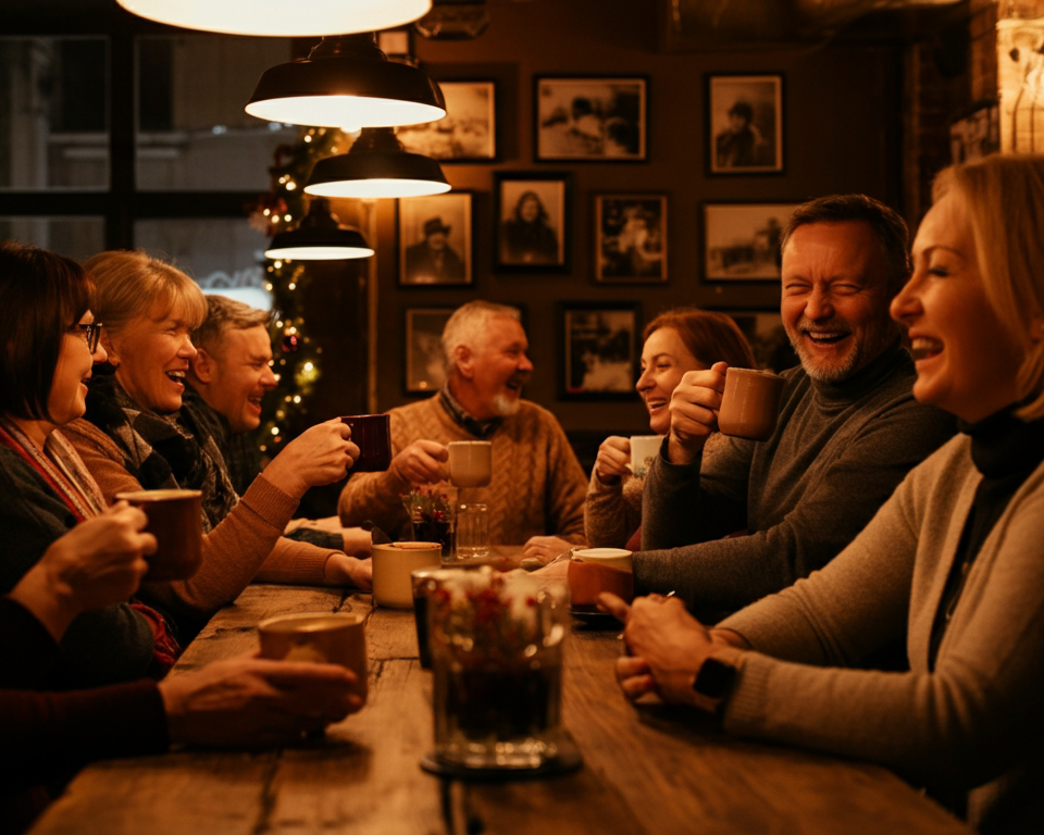 FjellTidgjeng på brygg som hygger seg med prat og kaffekopp, i koselige omgivelser. Og med litt juledekor.