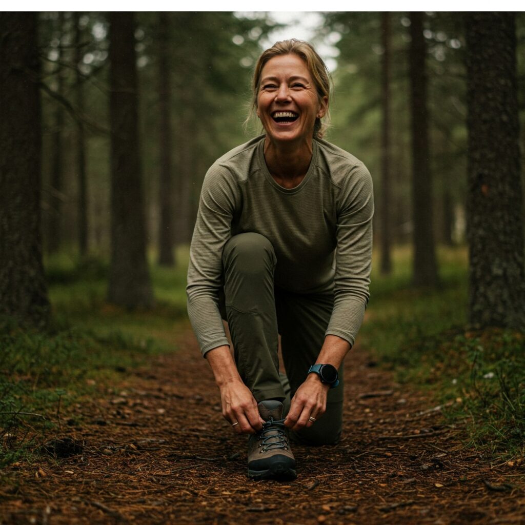Glad kvinne knytter skolissene på tursti i barskog.