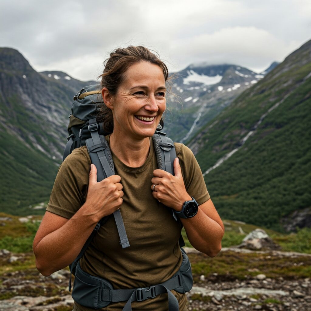 Glad kvinne på fjelltur med tursekken på ryggen.