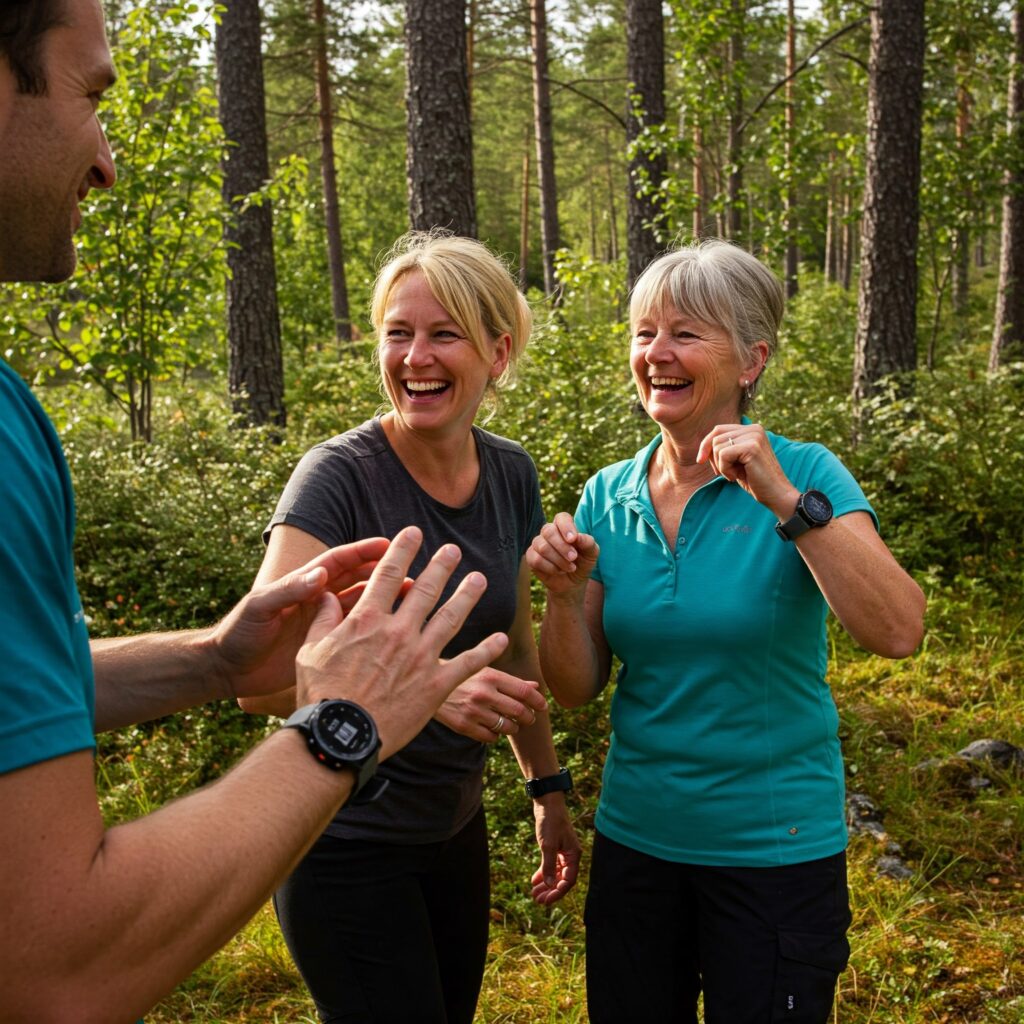 2 glade kvinner i skogen.