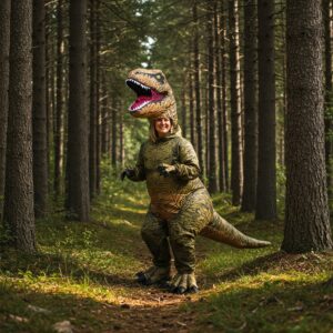 Kvinne utkledd som dinosaur på en tursti i barskog.