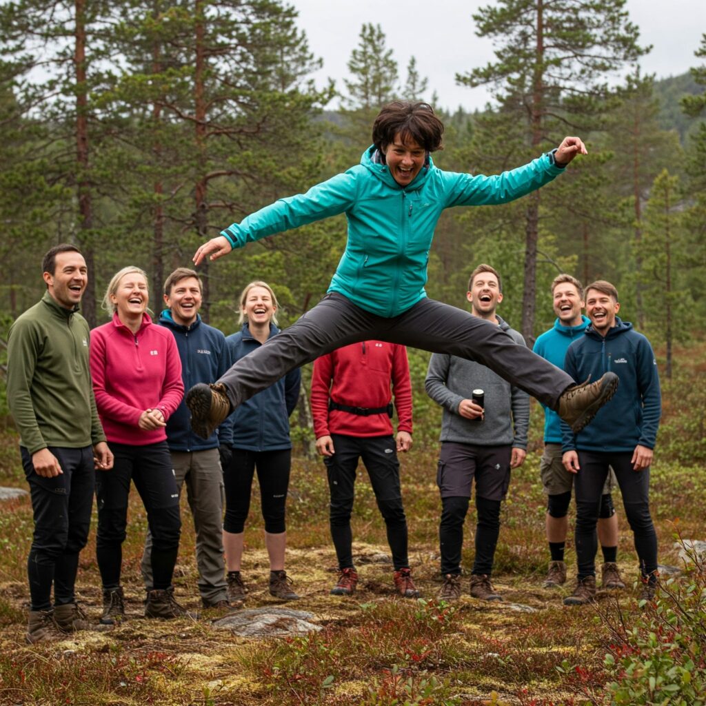 Glad kvinne hopper foran turfølget.