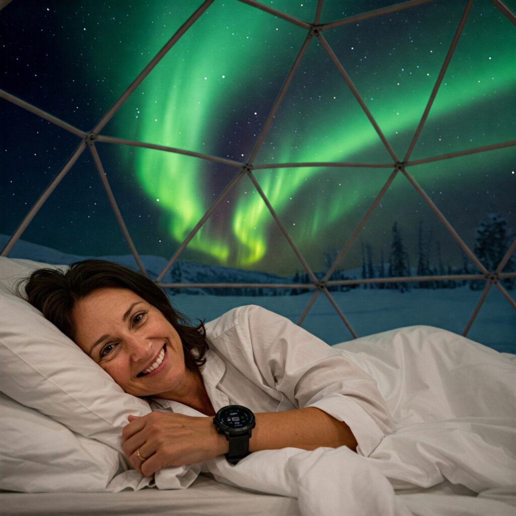 Smilende kvinne. Glamping under en himmel med nordlys. 