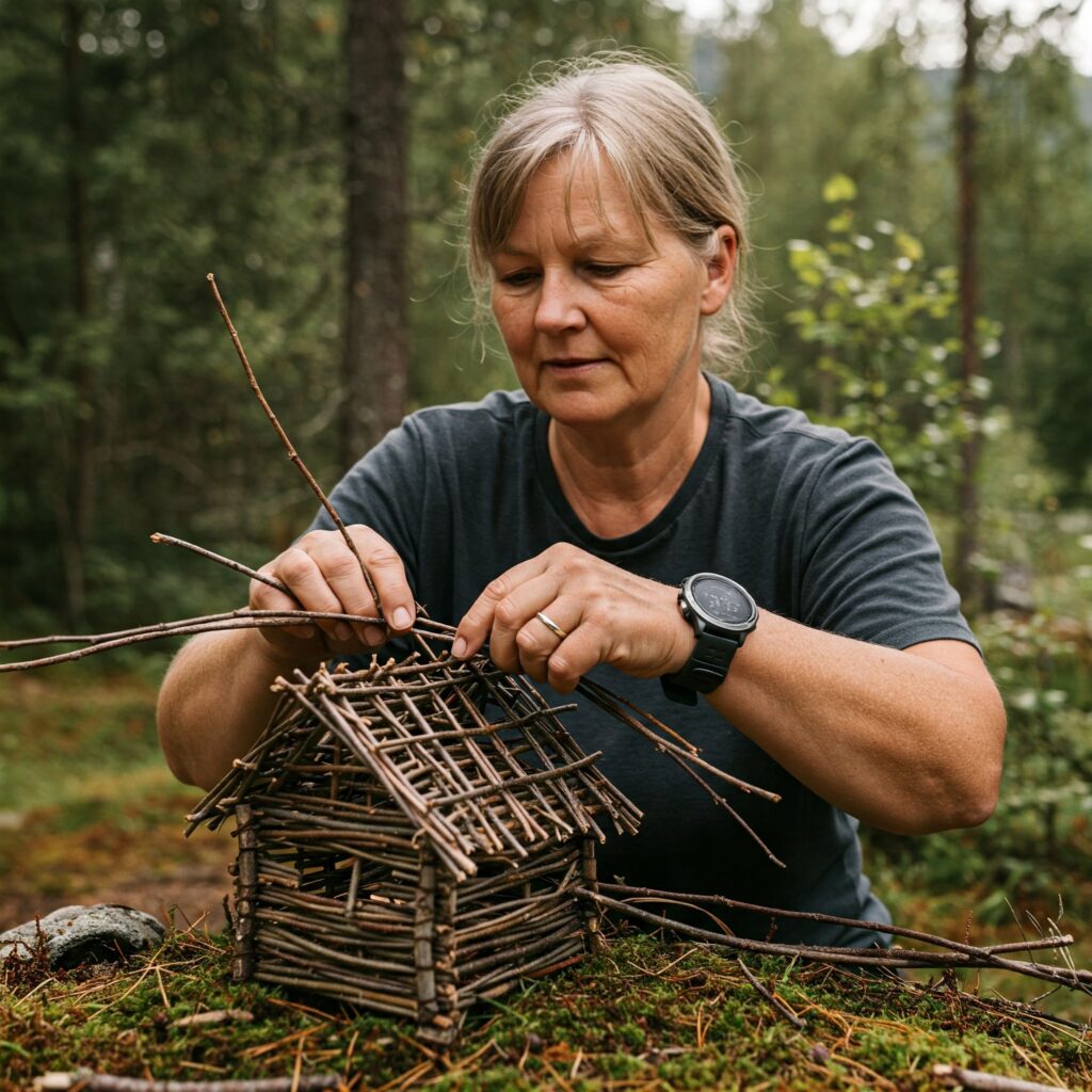 Kvinne bygger hytte av kvister.