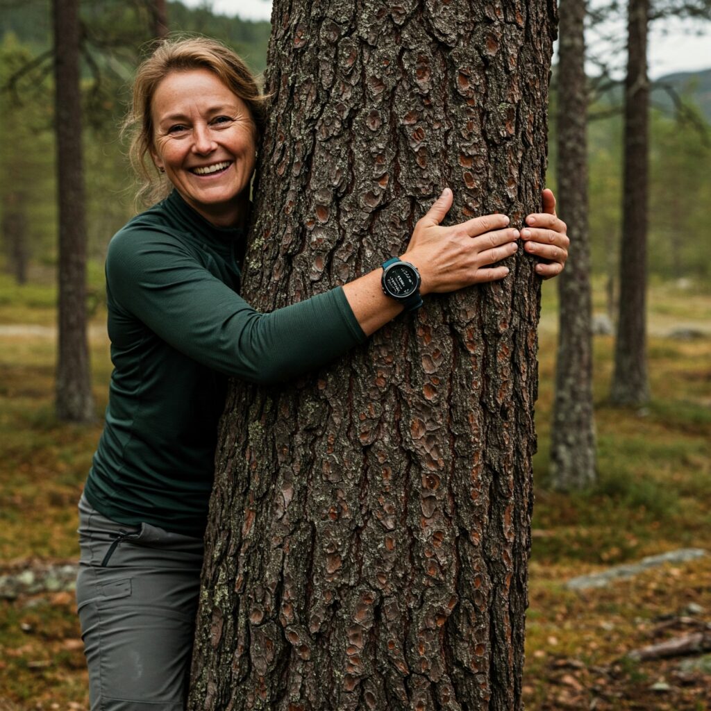 Smilende dame holder rundt et tre.