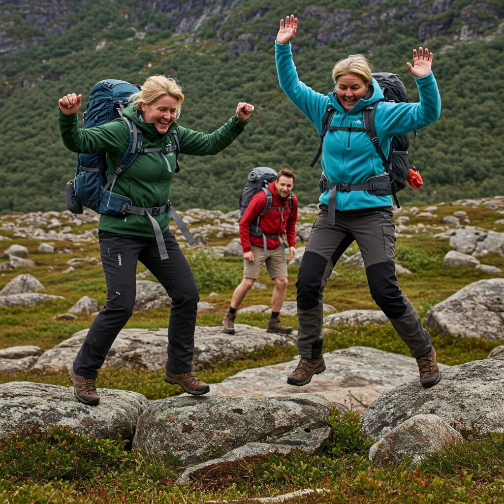 Glade turmennesker i fjellet.