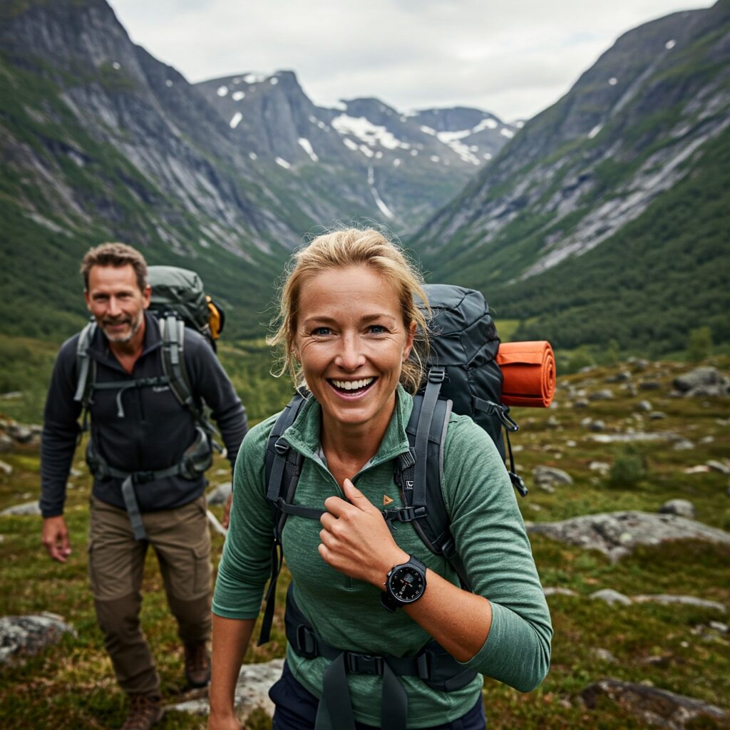 Glad kvinne og mann med ryggsekk, på tur gjennom en dal i fjellet som man kan se i bakgrunnen. Kvinnen har på seg en grønn genser. mannen har svart jakke og brun bukse.