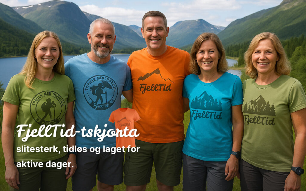Glade mennesker ikledd Fjelltid-tskjorta i ulike farger.