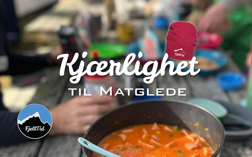 Gryterett på campingbord. Felles måltid på barnas basecamp. Matglede