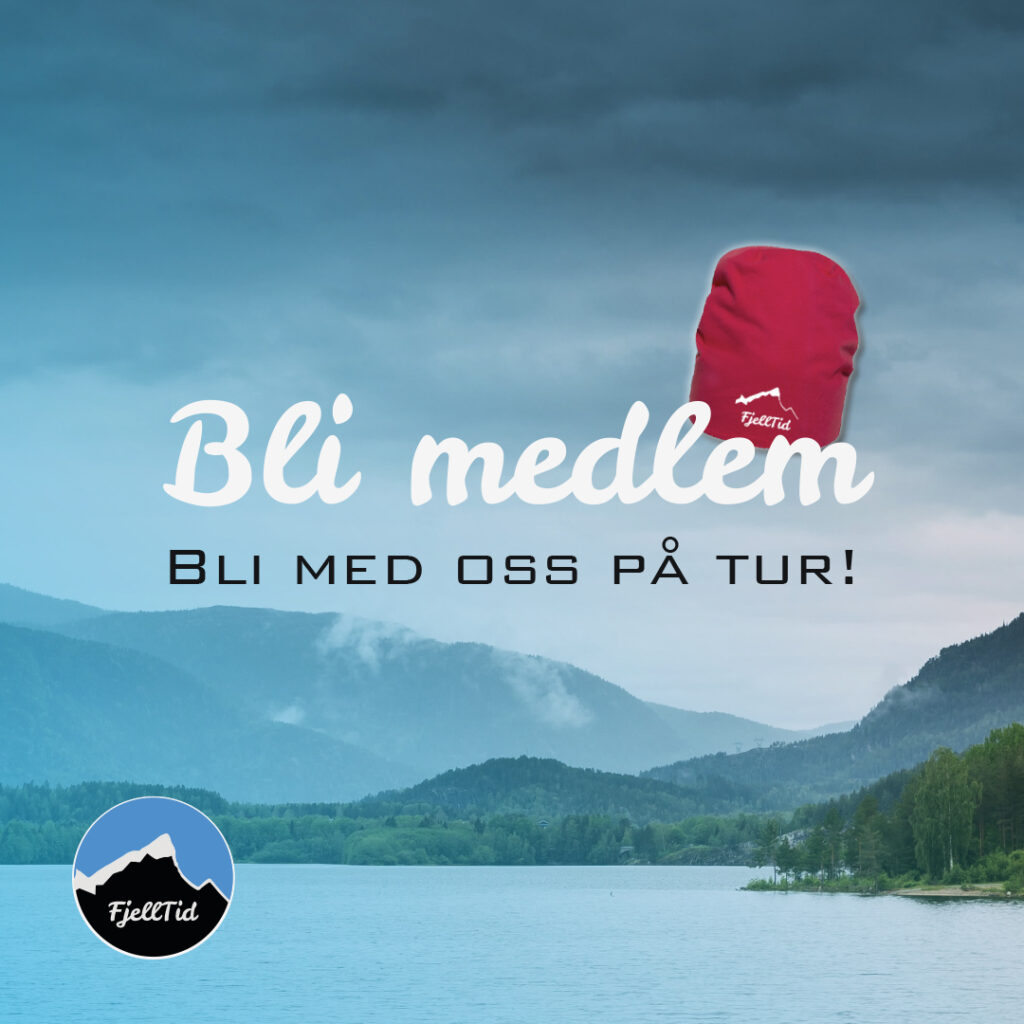 Blått vann, og disige åser i horisonten, under en blå, grå overskyet himmel. Med teksten "Bli medlem" Dekorert med en FjellTidlue. "bli med oss på tur!".