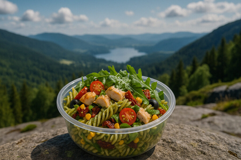 Pastasalat i gjennomsiktig plastboks, plassert på en steinknaus med utsikt over vakker norsk natur.