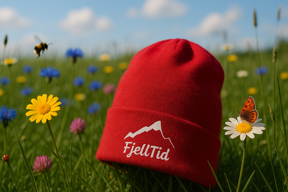 AIgenerert bilde av Den ikoniske, røde, FjellTidlua i en grønn og frodig blomstereng under en blå lett skyet himmel.