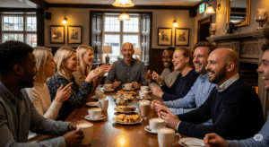 Glade mennesker samlet rundt et rustikk langbord i tre. Med kaffe/tekopper.