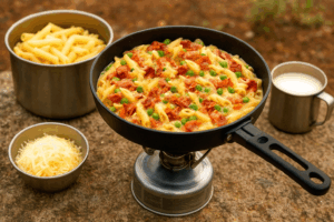 Kremet pastarett med bacon og grønnsaker. I stekepanne over et stormkjøkken.