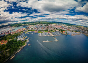 Drone view of Kristiansand town and Kvadraturen from Oderoya, Norway