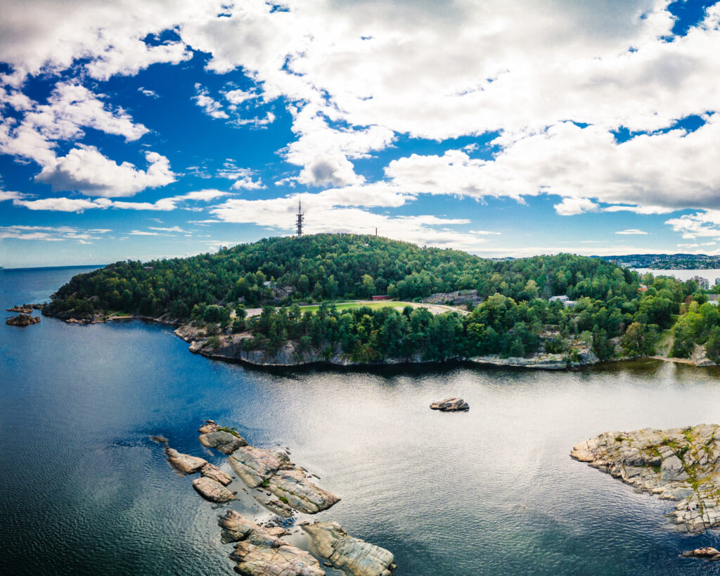 Drone view of Kristiansand town and Kvadraturen from Oderoya, Norway