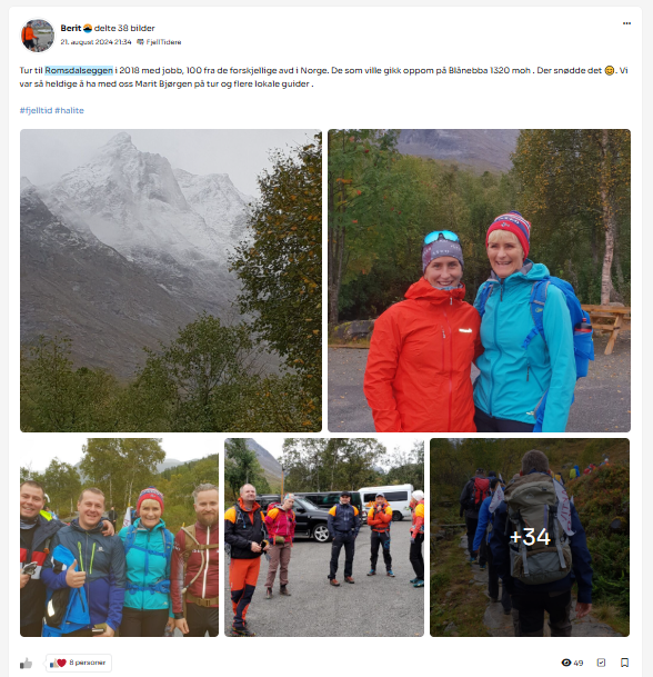 Skjermbilde av Berits innlegg av tur til Romsdalseggen 2018. 