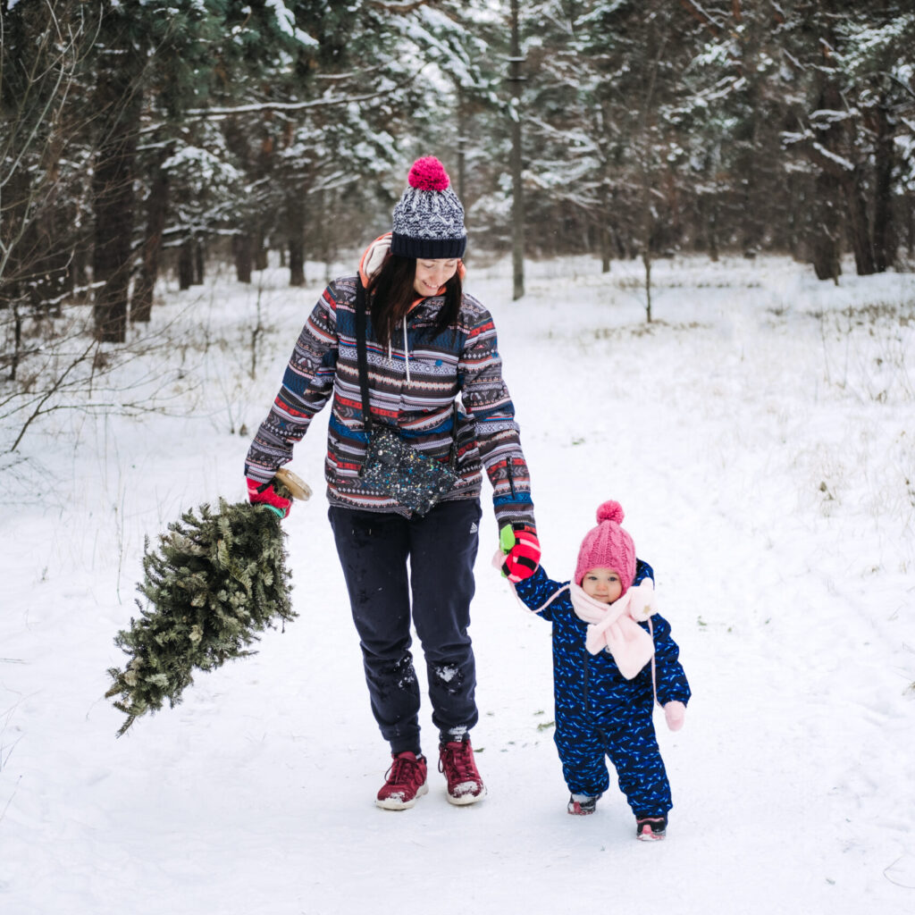 Young woman, single mom and toddler baby girl carries Christmas tree in the winter park. Preparing for Christmas, picking, selecting Christmas tree