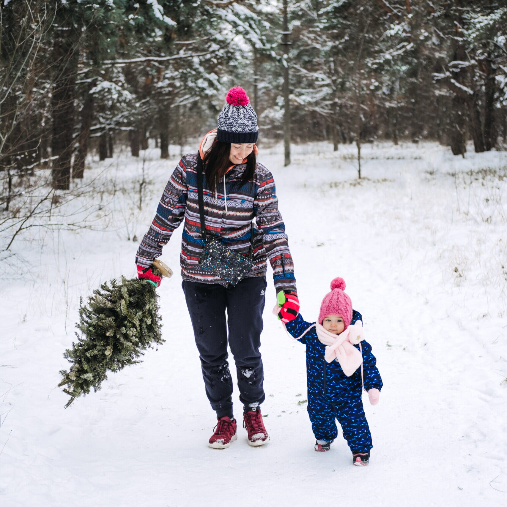 Young woman, single mom and toddler baby girl carries Christmas tree in the winter park. Preparing for Christmas, picking, selecting Christmas tree